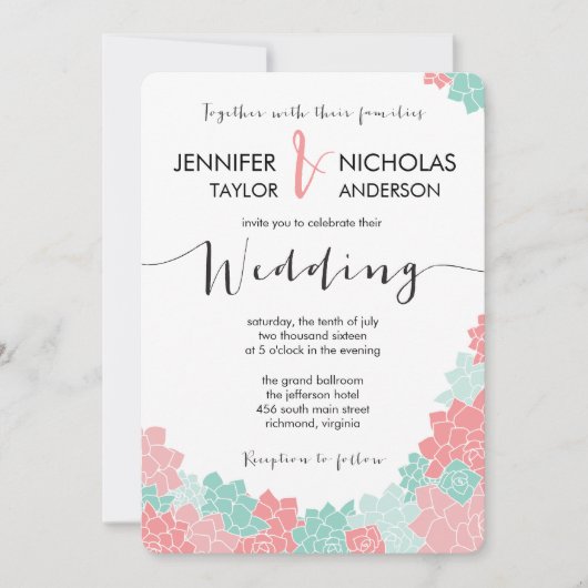 Einladung zur Hochzeit von Korallen und Minze-Blum (Vorderseite)