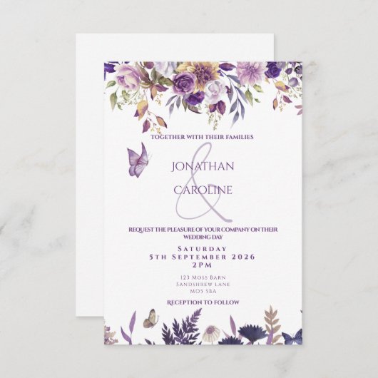 Einladung zur Hochzeit von lila Blumen/Schmetterli (Vorne/Hinten)