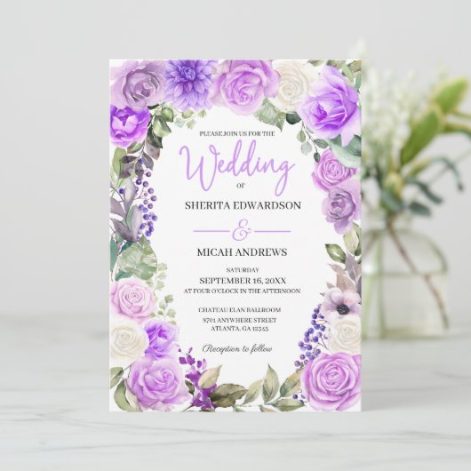 Einladung zur Hochzeit von lila Blumenfrüchten (Stehend Vorderseite)