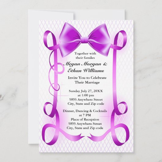 Einladung zur Hochzeit von lila Bögen und Bändern (Vorderseite)