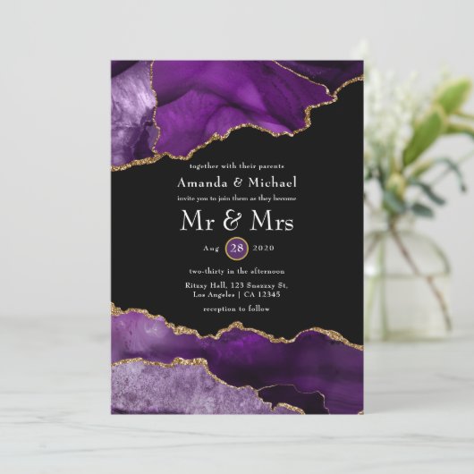 Einladung zur Hochzeit von lila und Gold Agate (Stehend Vorderseite)