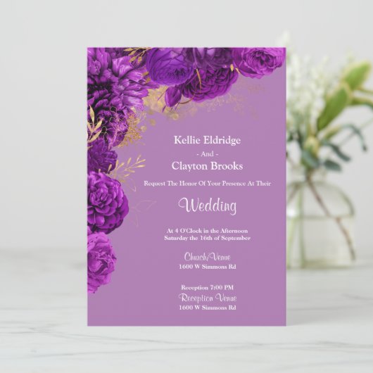 Einladung zur Hochzeit von lila und Gold-Flora (Stehend Vorderseite)