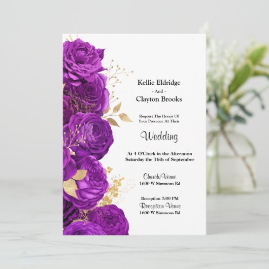 Einladung zur Hochzeit von lila und Gold-Flora (Stehend Vorderseite)