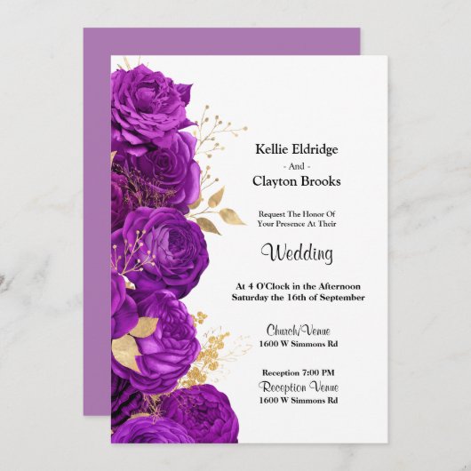 Einladung zur Hochzeit von lila und Gold-Flora (Vorne/Hinten)