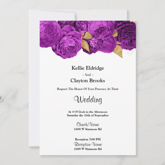 Einladung zur Hochzeit von lila und Gold-Flora (Vorderseite)