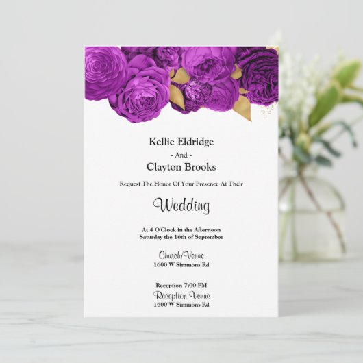 Einladung zur Hochzeit von lila und Gold-Flora (Stehend Vorderseite)