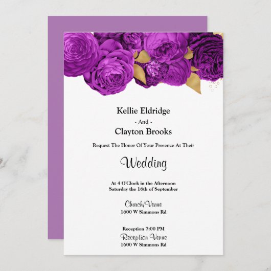 Einladung zur Hochzeit von lila und Gold-Flora (Vorne/Hinten)