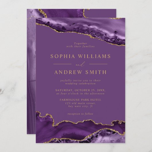 Einladung zur Hochzeit von lila- und Goldkalligrap (Vorne/Hinten)