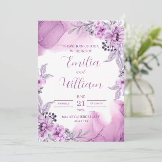Einladung zur Hochzeit von lila Wasserfarben (Stehend Vorderseite)