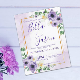 Einladung zur Hochzeit von lila weißem Blütengold Postkarte