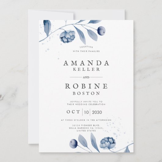 Einladung zur Hochzeit von Minimalistischen Blauen (Vorderseite)