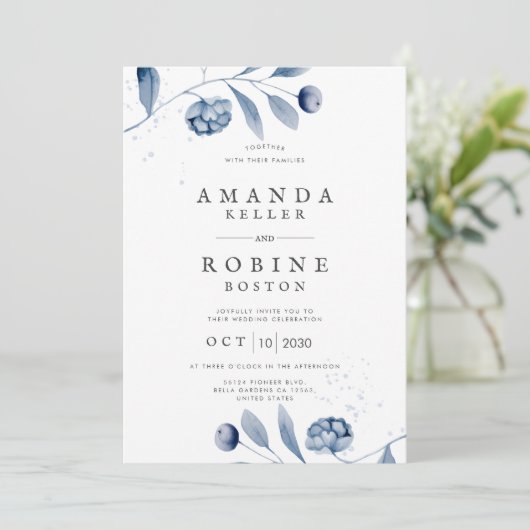 Einladung zur Hochzeit von Minimalistischen Blauen (Stehend Vorderseite)