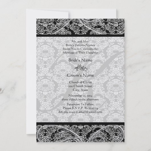 Einladung zur Hochzeit von Monogram Black Damask (Vorderseite)