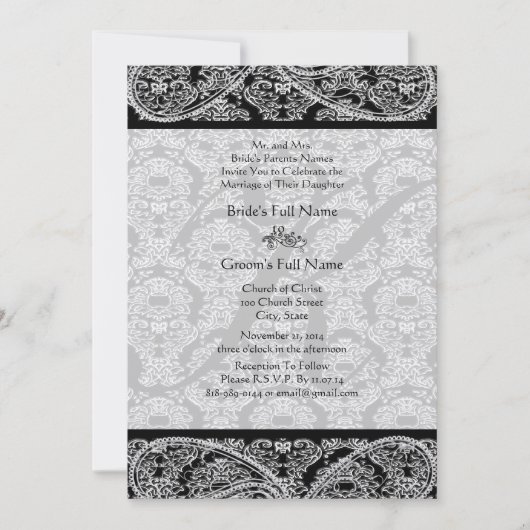 Einladung zur Hochzeit von Monogram Black Damask (Vorderseite)