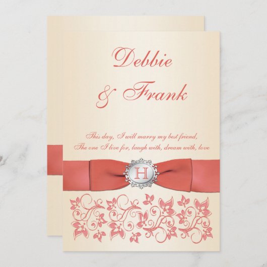 Einladung zur Hochzeit von Monogram Coral Champagn (Vorne/Hinten)