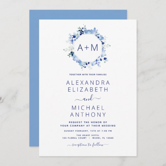 Einladung zur Hochzeit von Monogram Dusty Blue Flo (Vorne/Hinten)