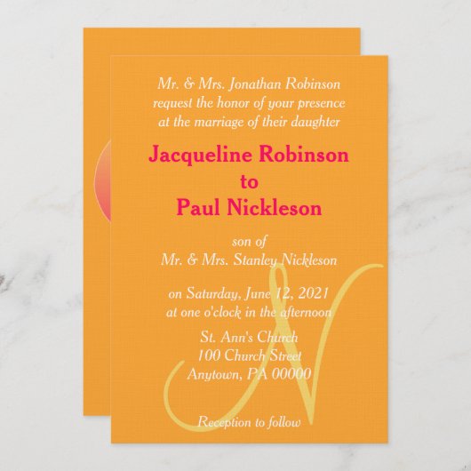 Einladung zur Hochzeit von Monogram Orange Raspber (Vorne/Hinten)