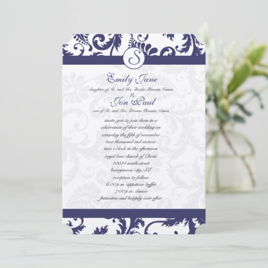 Einladung zur Hochzeit von Navy Blue Damask (Stehend Vorderseite)