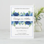 Einladung zur Hochzeit von Navy Blue Floral (Stehend Vorderseite)
