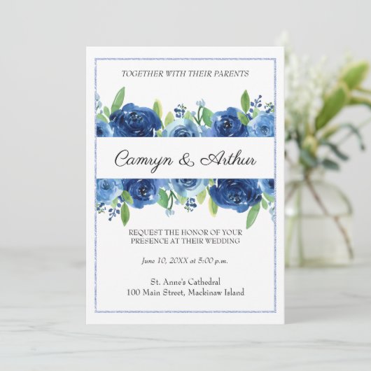 Einladung zur Hochzeit von Navy Blue Floral (Stehend Vorderseite)