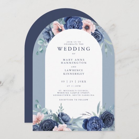 Einladung zur Hochzeit von Navy Blue Floral Blush (Vorne/Hinten)