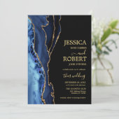 Einladung zur Hochzeit von Navy Blue Gold Agate (Stehend Vorderseite)