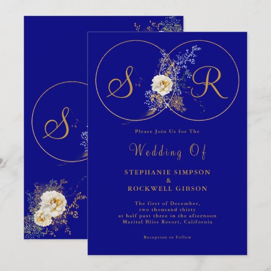 Einladung zur Hochzeit von Navy Blue Gold Monogram (Vorne/Hinten)