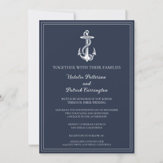 Einladung zur Hochzeit von Navy Blue Nautical Anch (Vorderseite)
