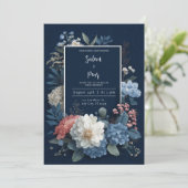 Einladung zur Hochzeit von Navy Blue Rustic Floral (Stehend Vorderseite)