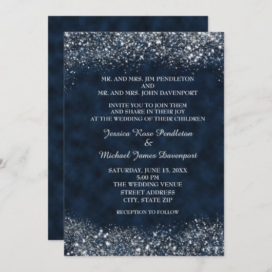 Einladung zur Hochzeit von Navy Blue und White Sta (Vorne/Hinten)