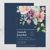 Einladung zur Hochzeit von Navy Blue Watercolor Fl (Vorne/Hinten)