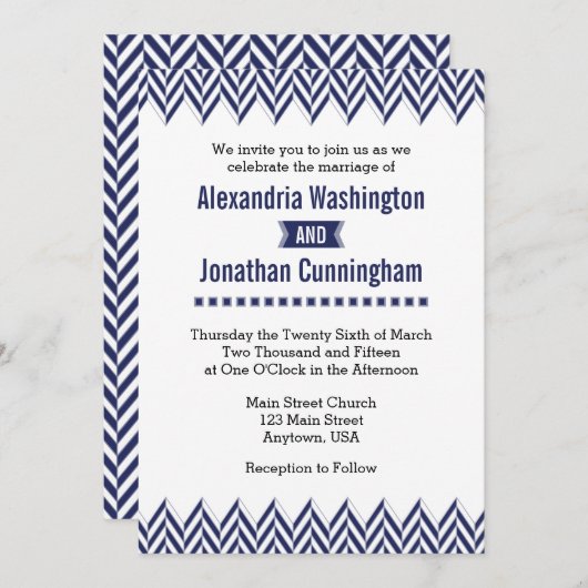 Einladung zur Hochzeit von Navy Blue White Herring (Vorne/Hinten)