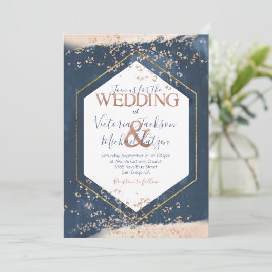 Einladung zur Hochzeit von Navy Blush Gold (Stehend Vorderseite)