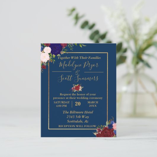 Einladung zur Hochzeit von Navy Burgundy Gold Fram (Stehend Vorderseite)