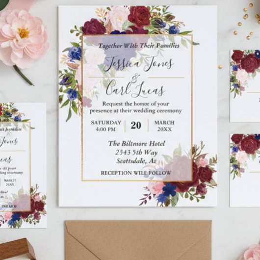 Einladung zur Hochzeit von Navy Burgundy Gold Fram Flyer