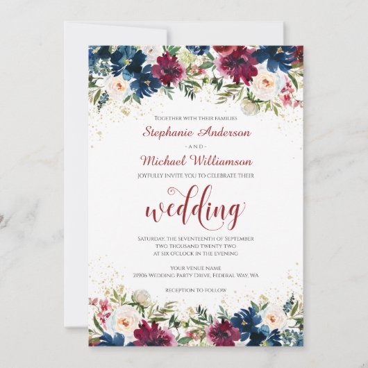 Einladung zur Hochzeit von Navy Burgundy Watercolo (Vorderseite)