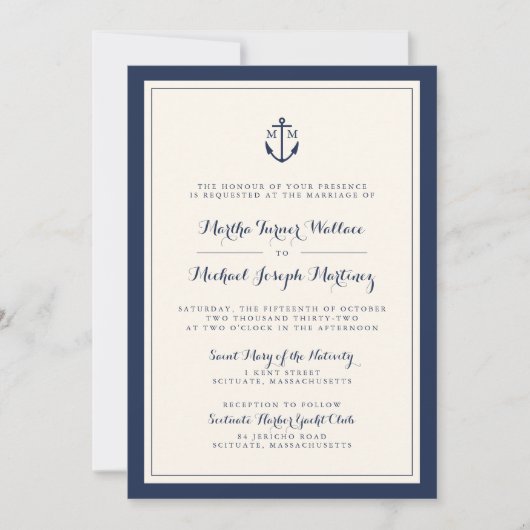 Einladung zur Hochzeit von Navy & Cream Monogram (Vorderseite)