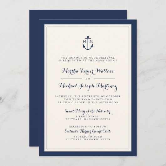 Einladung zur Hochzeit von Navy & Cream Monogram (Vorne/Hinten)