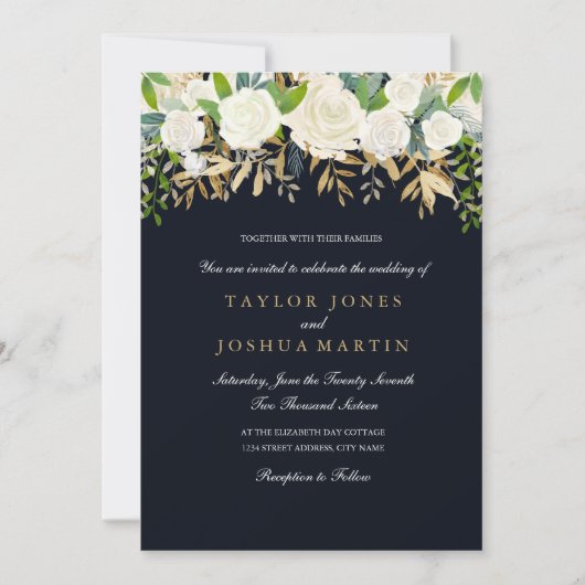 Einladung zur Hochzeit von Navy Gold Floral Water (Vorderseite)