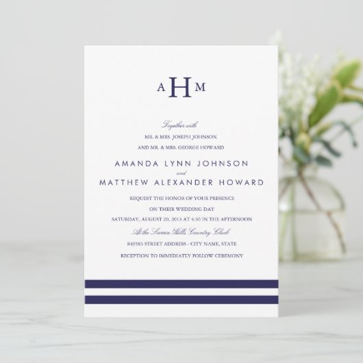 Einladung zur Hochzeit von Navy Monogram (Stehend Vorderseite)