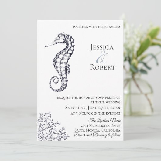 Einladung zur Hochzeit von Navy-Nautical-Seepferd (Stehend Vorderseite)