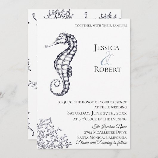 Einladung zur Hochzeit von Navy-Nautical-Seepferd (Vorne/Hinten)