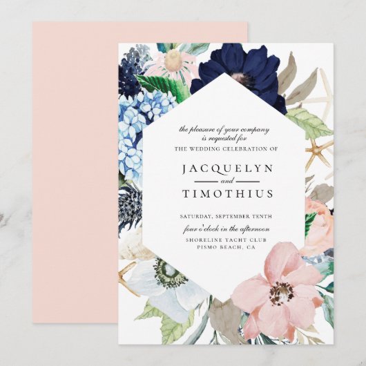 Einladung zur Hochzeit von Navy und Blush Floral F (Vorne/Hinten)