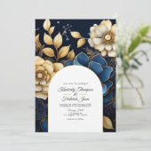Einladung zur Hochzeit von Navy und Gold Floral (Stehend Vorderseite)