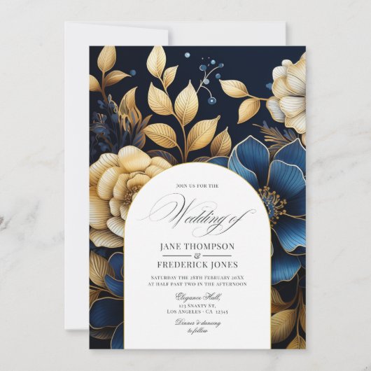 Einladung zur Hochzeit von Navy und Gold Floral (Vorderseite)