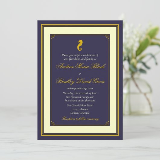 Einladung zur Hochzeit von Navy und Gold Seepferd (Stehend Vorderseite)