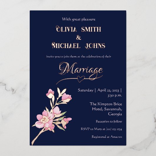 Einladung zur Hochzeit von Navy und Rosa (Vorderseite)