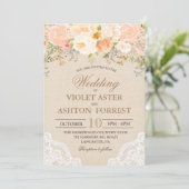 Einladung zur Hochzeit von Peach floral Lace (Stehend Vorderseite)