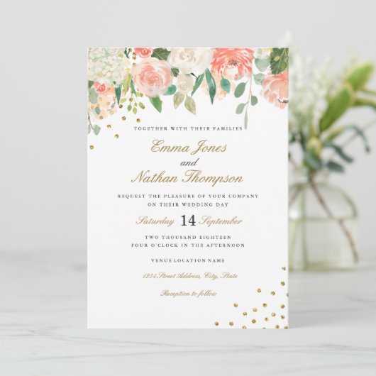 Einladung zur Hochzeit von Peach Gold Watercolor (Stehend Vorderseite)