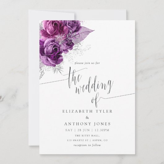 Einladung zur Hochzeit von Pflaumen und Wasserfarb (Vorderseite)